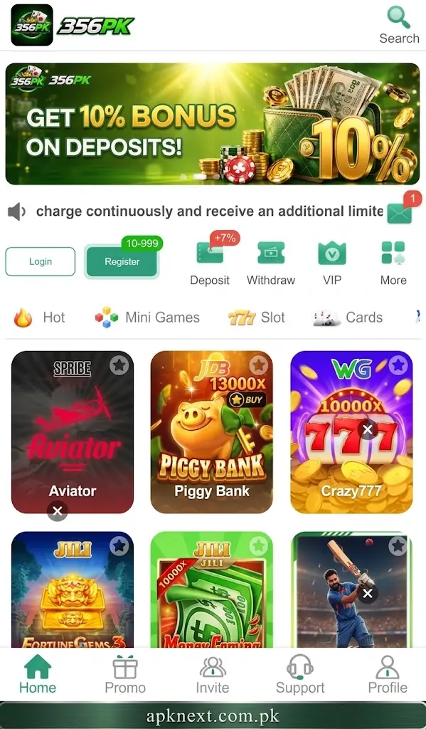 356PK Game App main menu